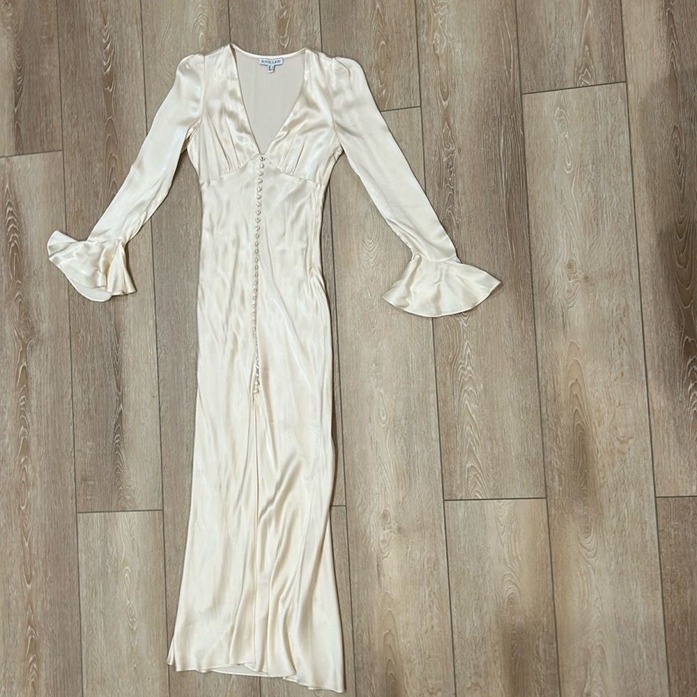 Shona Joy Ivory Satin Midi Dress with Button Front & Fluted Cuffs